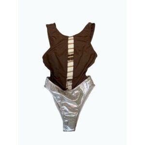 Iconswim Brown and Silver Lame One Piece Swimsuit Small